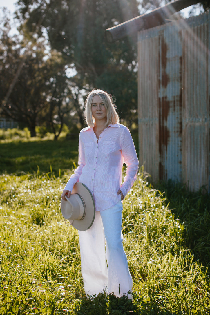 Pink and white sharp linen shirt