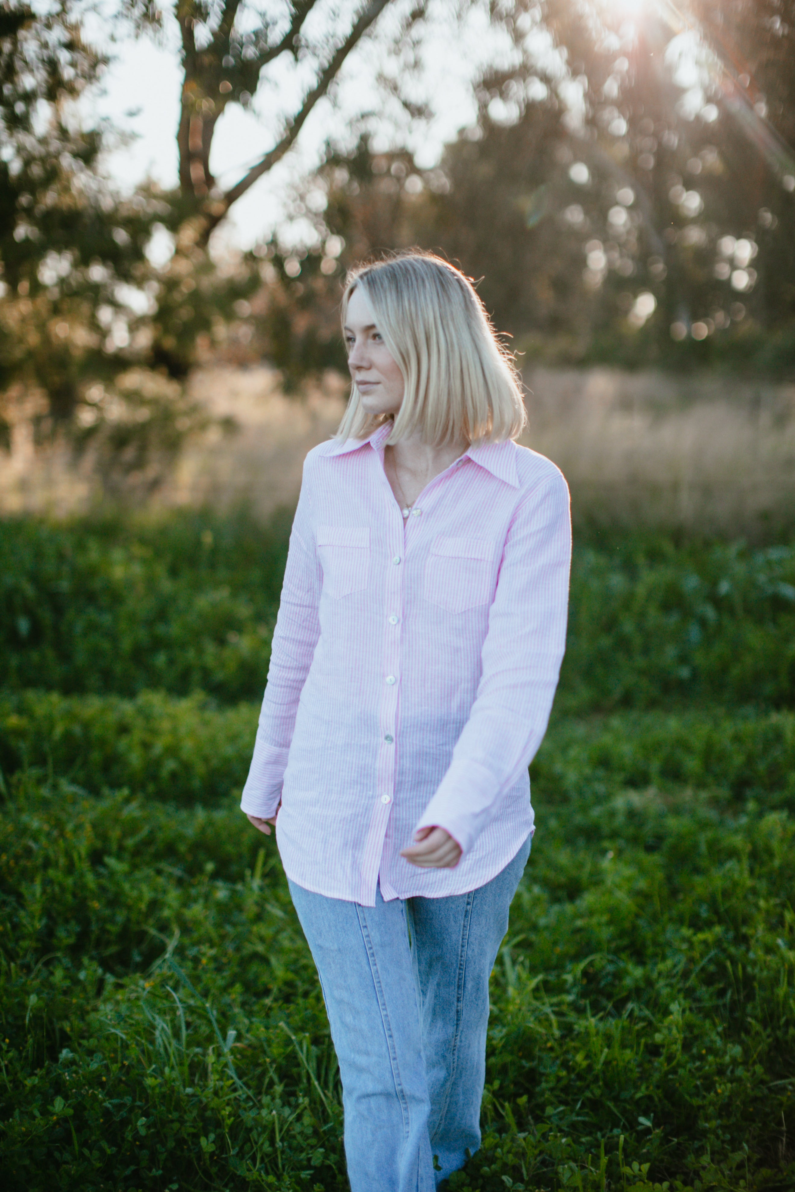 Pink and white sharp linen shirt